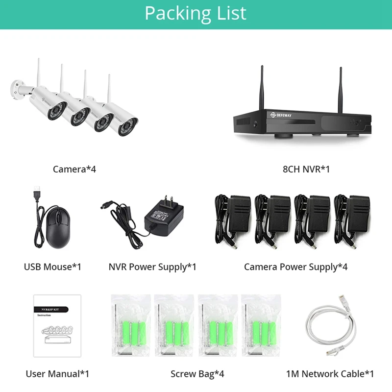 Беспроводная Wi Fi камера DEFEWAY с аудио 8CH 1080P HD NVR H.265 + домашний комплект