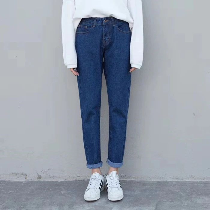 Dark blue B Джинсы женские осенние и зимние новые плюшевые джинсы с высокой талией свободные штаны модные повседневные джинсы Харун - Цвет: Dark blue B