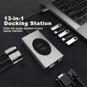 

13 in 1 Docking Station Multi USB Type C to USB3.0 VGA RJ45 HDMI PD Audio3.5 TF 10W Wireless Charger Hub Adapter USB Splitter