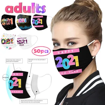 

50PC Mascarilla Desechable 2021 Happy New Years Adult Disposable Christmas Mask 3 Layer Earring Face Mask Headband Macka Masque