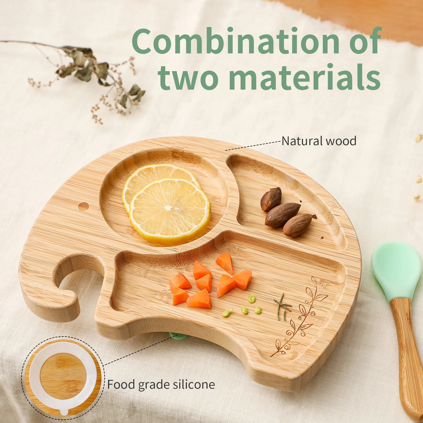 Wooden Baby Feeding Bowl Cartoon Elephant Clouds Bamboo Kids Feeding Dinnerware With Silicone Suction Cup Anti-hot Tableware 4
