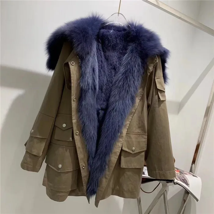 Khaki With Blue Джинсовая парка, куртки, Толстая теплая натуральная подкладка из кроличьего меха Рекс, зимнее пальто, Женское пальто с воротником из натурального Лисьего меха - Цвет: Khaki With Blue