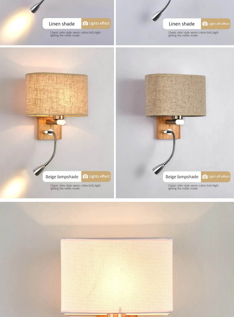 Lâmpada de Parede Nordic Moderna Tecido Sombreamento Luzes Led Lâmpadas Parede Madeira Maciça Criativo Estudo Quarto E27for Decoração Iluminação 10 Luzes e Iluminação