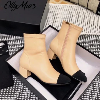 

Luxury Round Toe Leather Boots Autumn Brand Design Women Shoes Zip Ankle Female Boots 5cm