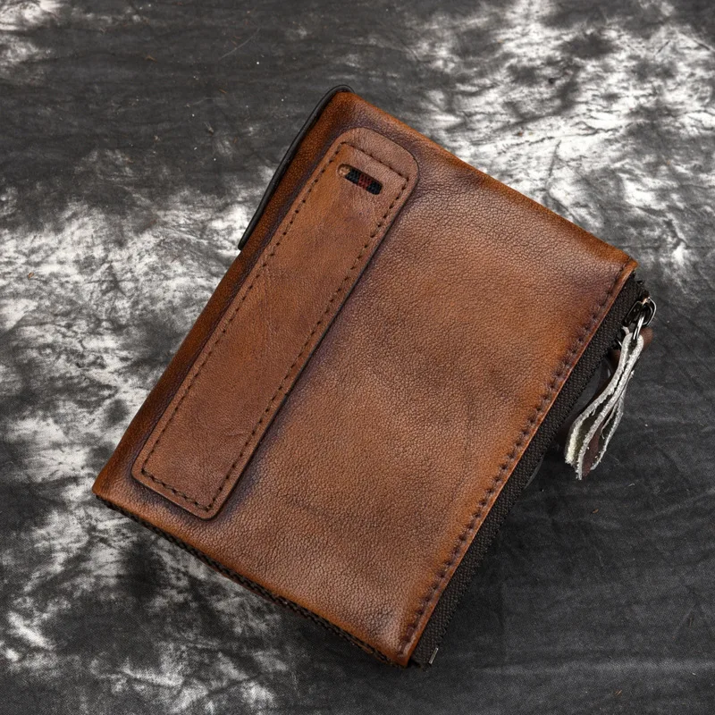 Men's Wallet Retro Cowhide Double Zipper Clutch Genuine Leather Small Purse For Male Handmade Casual Men Short Wallet