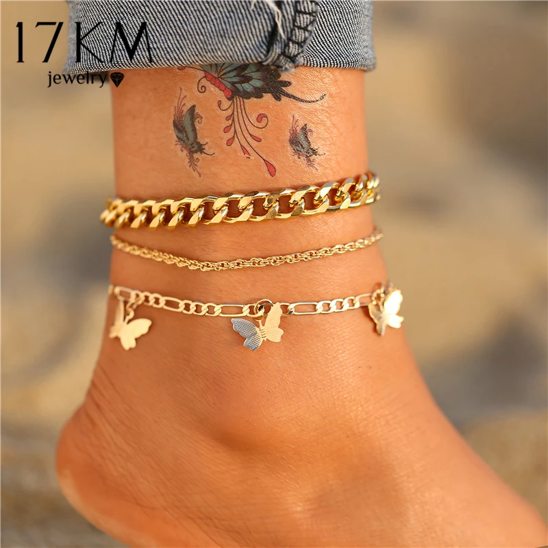 17KM-tobilleras de cadena de mariposa de oro bohemias para mujer y niña, pulsera multicapa para tobillo de pie, joyería de playa