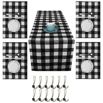 

Christmas Plaid Table Runner Cotton Table Linens and 6 Pieces Gingham Table Placemats with 12 Pack Rustic Coat Hooks