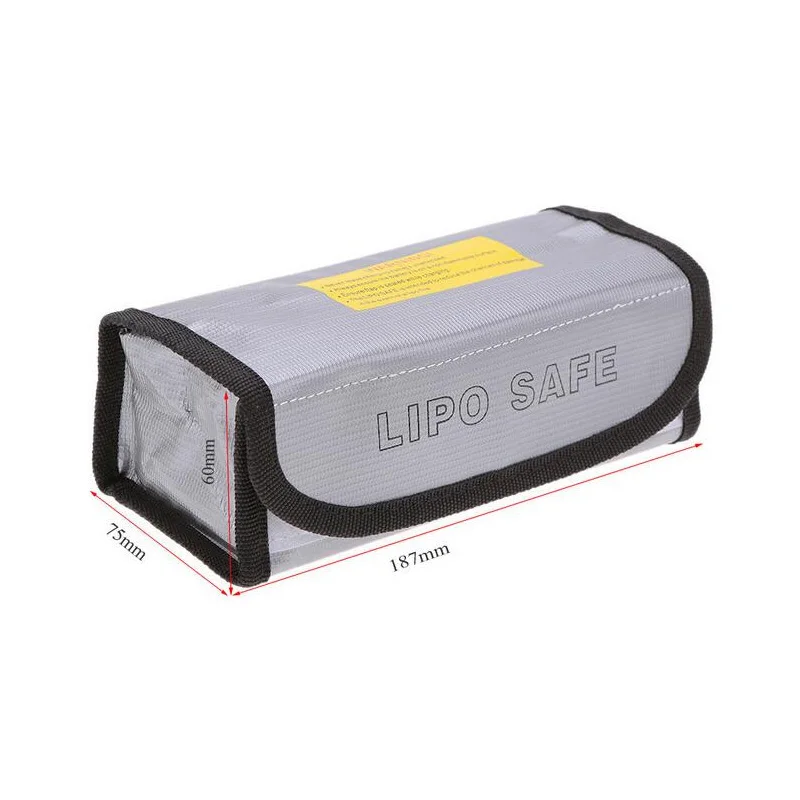 Sac de protection pour batterie drone posé à plat, avec fermeture éclair et logo de sécurité.