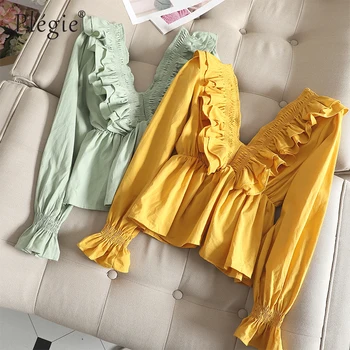 

Plegie Korean Style Elegant Women Summer Layered Ruffle Long Sleeve Shirt Ladies Crop Top Slim Casual V Neck Blouse Top