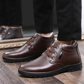 

Genuine Leather Winter Boots Men Leather Shoes Warm Plush for Cold Winter Men Ankle Boots Black Cowhide Male Footwear KA2090