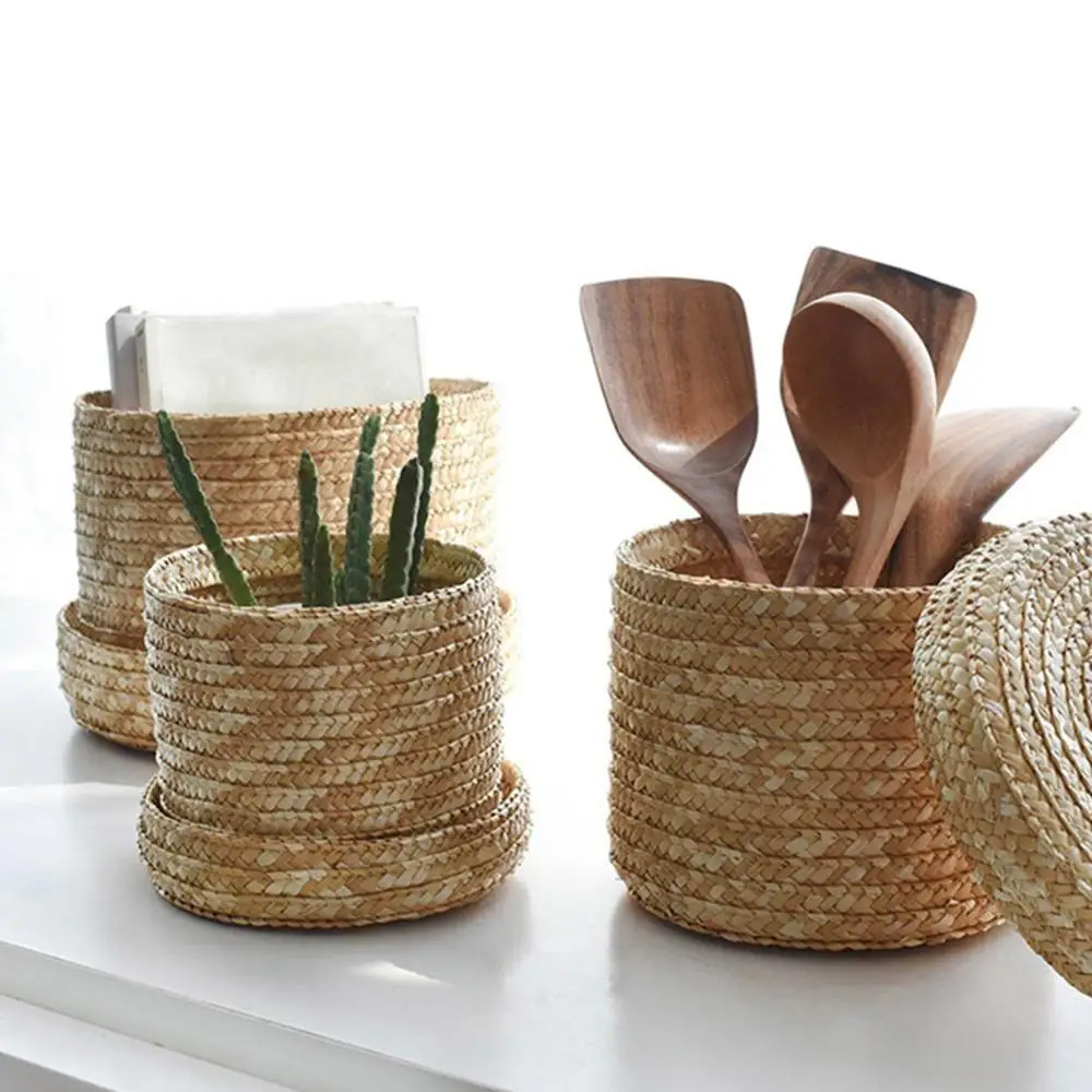 

Handmade Straw Woven Storage Basket With Lid Snack Organizer Storage Box Laundry Baskets Rattan Home Storage Flower Basket