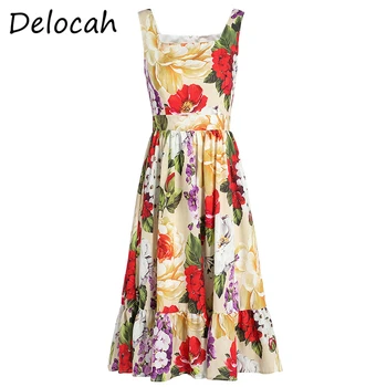 

Delocah Summer Women Fashion Designer Holiday A-Line Dress Sexy Spaghetti Strap Floral Print Ladies Party Midi Dresses vestidos