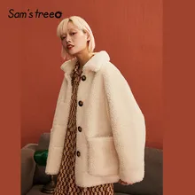 SAM'S TREE/розовое однотонное теплое Женское пальто из овечьей шерсти с локомотивным паровозиком зимняя белая однобортная верхняя одежда для женщин