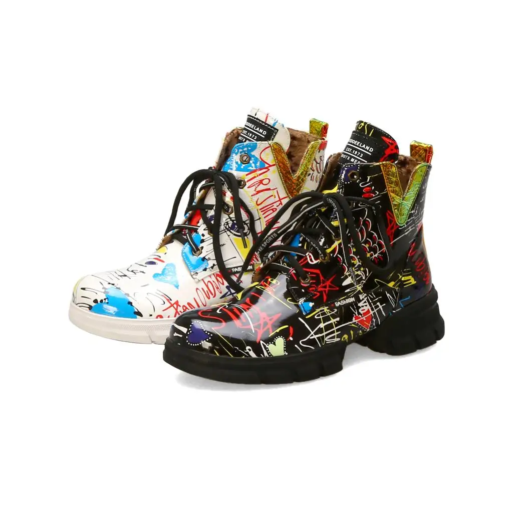 DORATASIA/Новинка; фирменный дизайн; ботинки на платформе с высоким берцем; женские ботильоны с цветными граффити; коллекция года; женская зимняя обувь на меху; Размеры 33-43
