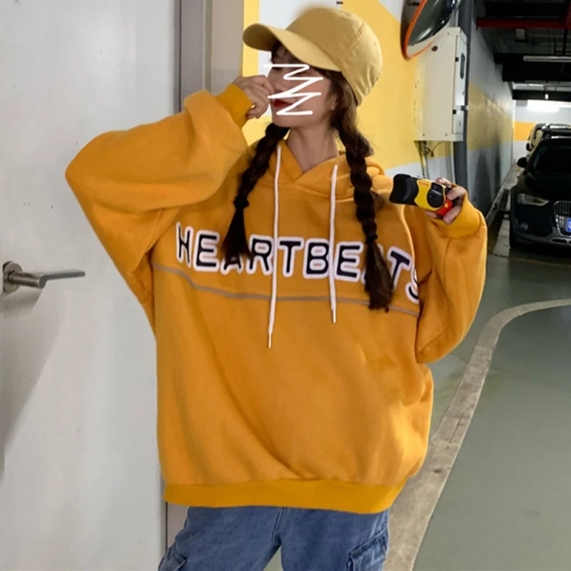 

Autumn Korean Style Letter Printing Hoodies Oversize Sweatshirt Reflective Strip Thin Hooded Tops Women Harajuku Hoodie Pullover