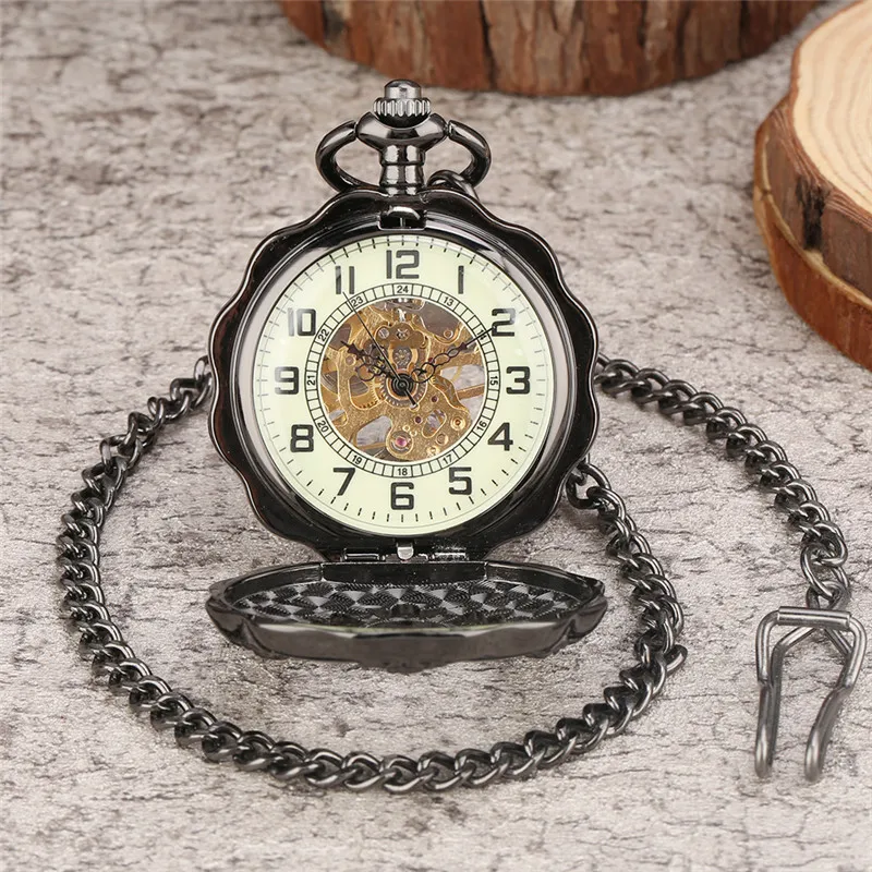Antique Black/Luminous Dial Hollow Pumpkin Men Women Mechanical Hand Winding Pocket Watch Pendant Chain Gifts relgio de bolso