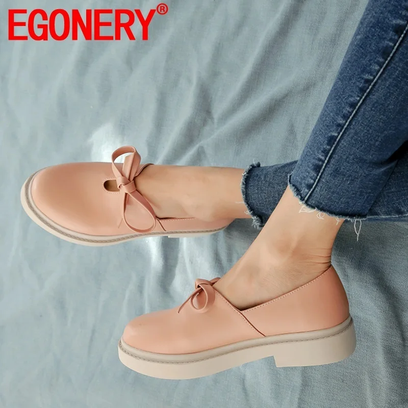 

EGONERY spring new women flats outside comfortable low heels platform sweet round toe bowtie plus size women shoes drop shipping