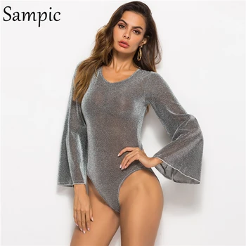

Sampic Woman Bodycon Long Sleeve Glitter Transparent Thin Sexy Mesh Bodysuit Tops See Through Jumpsuit Romper Bodysuit Autumn