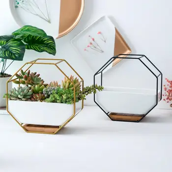 

Nordic Simple Octagonal Succulent Flower Pot - Geometric Flower Stand Ceramic Flower Pot - Bamboo Tray Iron Frame Set