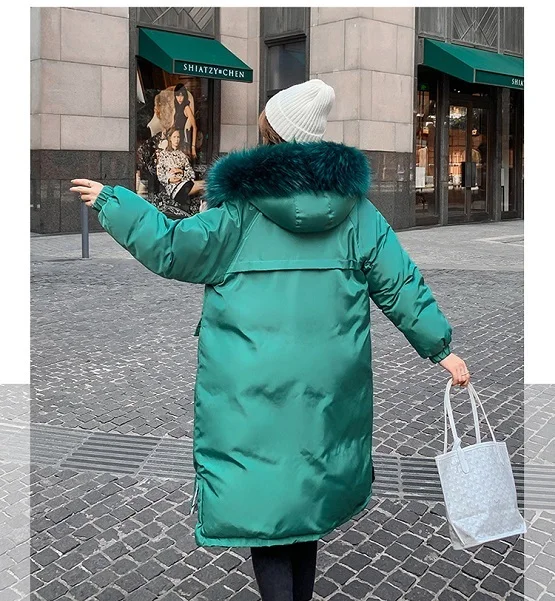 Kuyomens зимние длинные парки пальто для женщин тонкая теплая куртка с большим меховым воротником пальто повседневная женская зимняя верхняя одежда парки пальто - Цвет: Зеленый