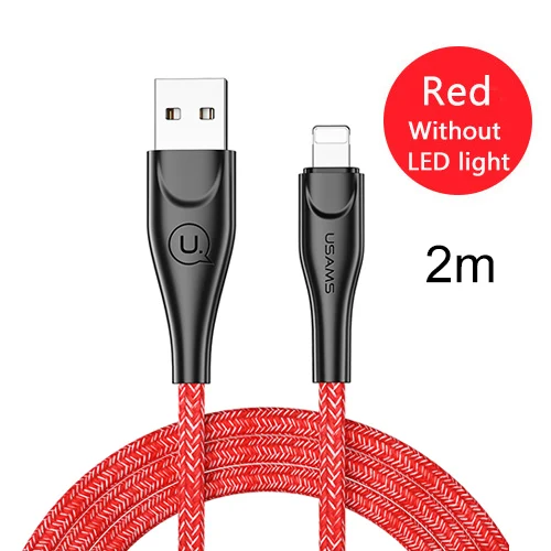 USAMS USB кабель для освещения кабель для iPhone 2 м 2.4A кабель передачи данных для быстрой зарядки для iPhone 7 8X6 6s plus 5 SE 5S зарядное устройство - Цвет: Red No LED 2m