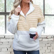 Sfit женские топы теплые плюшевые свитшоты с длинным рукавом на молнии с v-образным вырезом пальто повседневная женская куртка с карманами зима