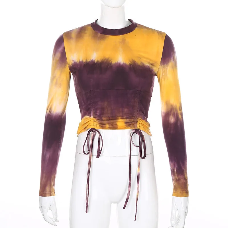 New Women's Tie-dye Top Long Sleeve Round Neck Short Lace T-shirt Slim Fit Sexy Pullover 2020 Lady Party Wear