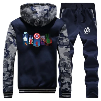 

The Avengers Arms Winter 2019 New Streetwear Hip Hop Camouflage Mens Raglan Suit Hooded Coat Thick Zipper+Pants 2 Piece Set