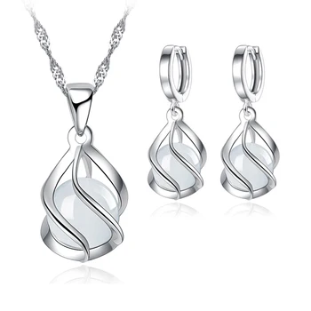 Women Bridal Jewelry Sets Vintage Pure 925 Silver Color Ethnic White Opal Stones Charming Pendant Necklace/Chain/Huggie Earrings 1