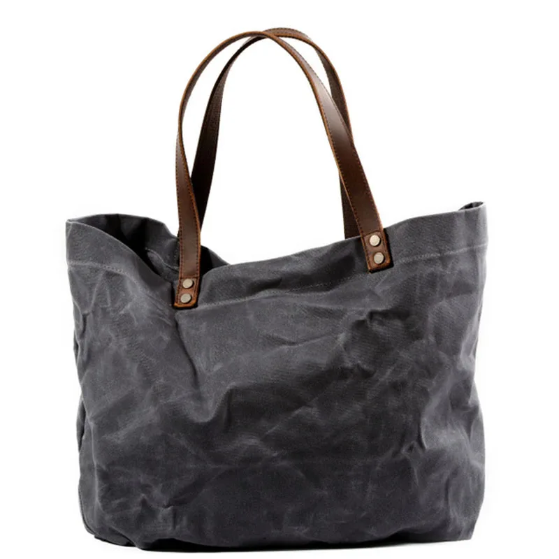 

Waterproof waxed canvas bag for ladies simple handbag horizontal retro shoulder bag with large capacity pleated tote bag