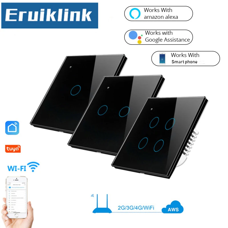 

UK/EU Standard Tuya/Smart Life APP Control Touch Switch,1/2/3/4 Gang Wifi Wireless Light Switch Work With Alexa Google Home