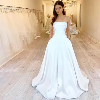 

Strapless A-line Boho Wedding Dresses With Pockets White Ivory Bridal Gown Sweep Train Made To Measure robe mariage Wedding Gown