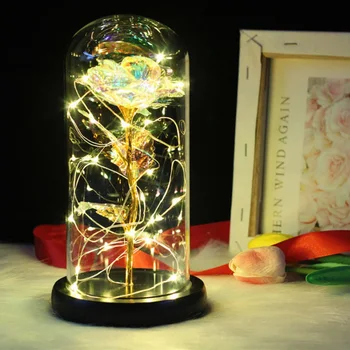 

Artificial Gold Foil Rose Flower And LED Light String In Glass Dome On Wooden Base The Best Gift For Women Valentine's Day Gift