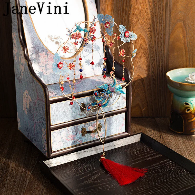 JaneVini Винтаж Китайский Свадебный вентилятор букеты синий Феникс бисером ручной работы свадебные цветы металлический круглый вентилятор аксессуары для невесты