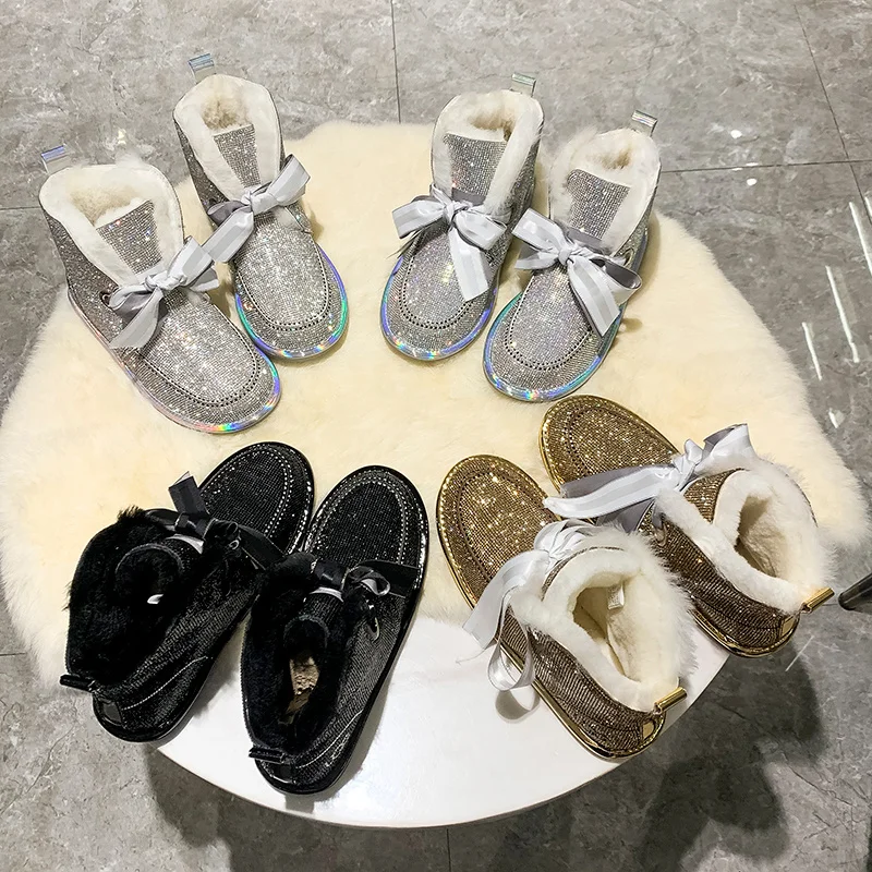 Ceny Zima Sexy Rhinestone utrzymać ciepłe buty na śnieg kobiety Bowknot okrągłe Toe botki damskie buty kobieta buty casual Zapatos De Mujer