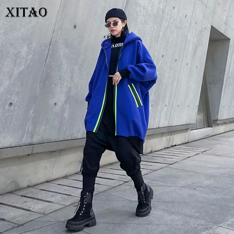 XITAO, модный кардиган-пончо и куртки, женское Свободное пальто с капюшоном, плюс размер, рукав летучая мышь, Осень-зима, на молнии, Топ для женщин, XJ2325