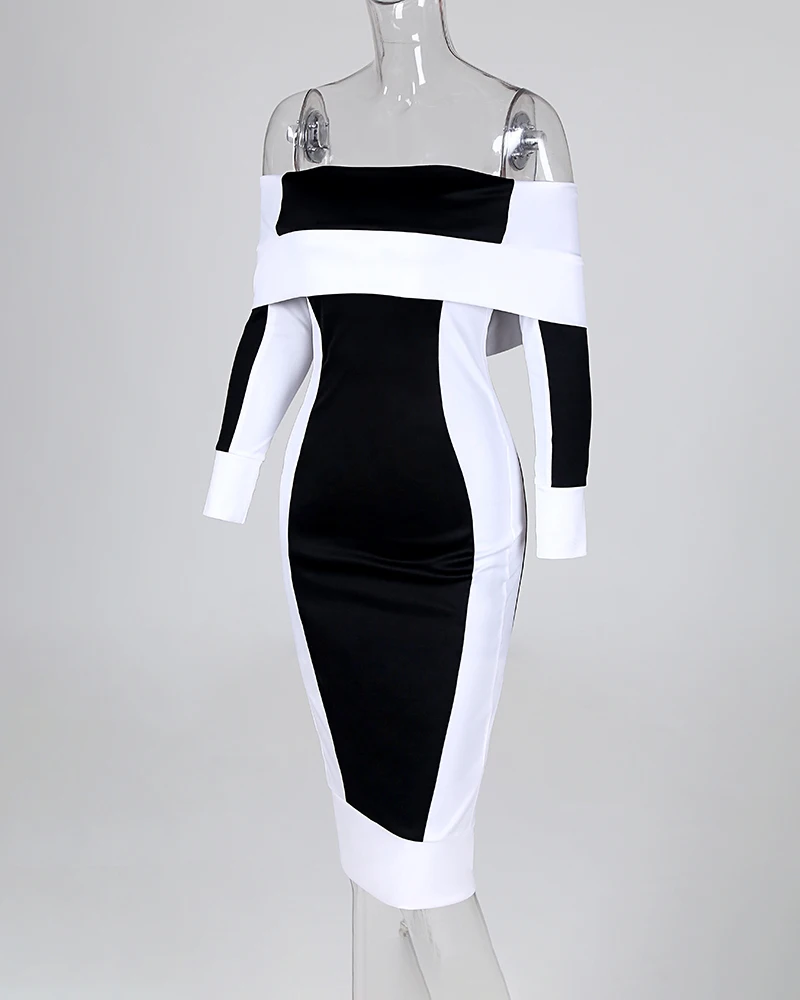 Платье с открытыми плечами, с цветными блоками, женское, черное, белое, в стиле пэчворк, миди, с длинным рукавом, элегантное, Дамское, с разрезом сзади, Vestido