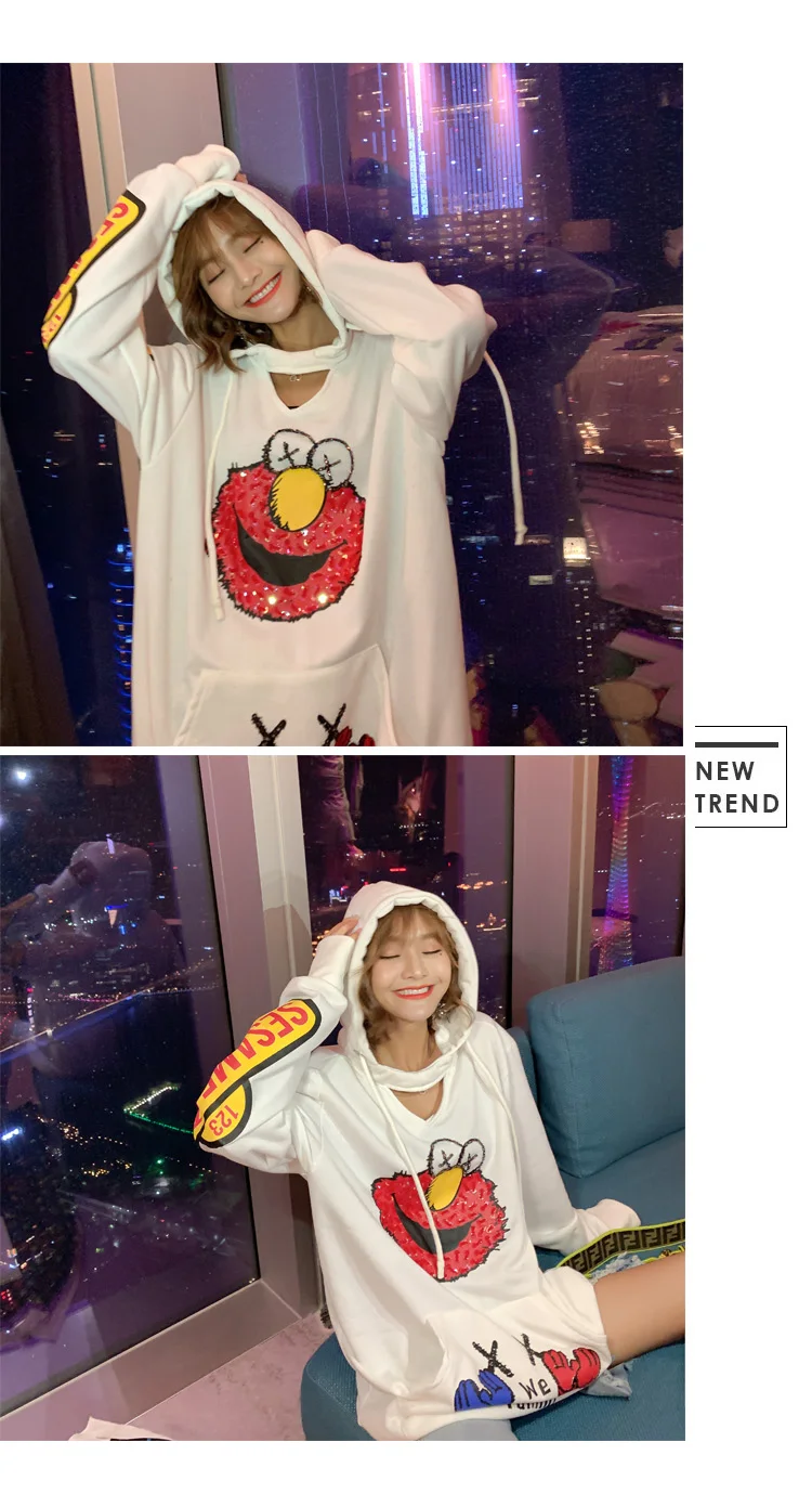 White Cartoon Printed Sequins Sweatshirts Women High Street Hollow Out Long Style Pullovers Casual Hooded Hoodies