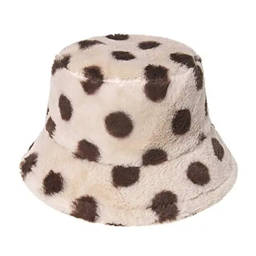 

Winter Bucket Hat Women Colorful Dot Warm Hats Vintage Faux Fur Fisherman Cap