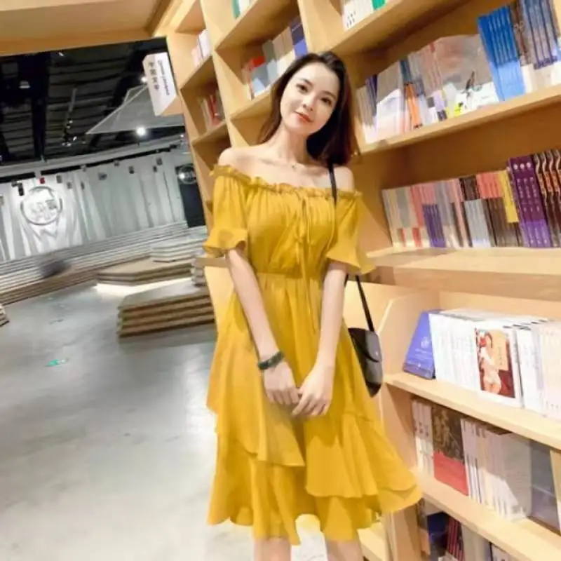 Retro Fairy Beach Dress Summer Yellow Chiffon Seaside Vacation Word Shoulder Dress Female Dress Solid Color
