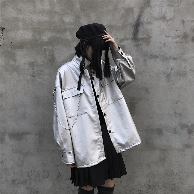 Женская куртка Neploe из искусственной кожи Harajuku, серебряная кожаная верхняя одежда унисекс, мотоциклетная куртка с цепочкой в стиле хип-хоп, кожаные куртки 55462
