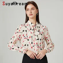 

SuyaDream Silk Blouses for Woman 100% REAL SILK CREPE Printed Long Sleeve Scarf Collar Blouse Shirt 2022 Spring Elegant Top