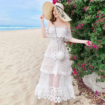 

New Arrival Runway Self-portrait Flower Embroidery Lace Dress Women Spaghetti Strap Hollow Out Tiered Ruffles dresses vestidos