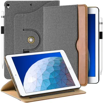 

With Pencil Holder Case For iPad AIR 3 Pro 10.5 360 Degree Rotation PU Leather Multi Angle Stand Function Auto Wake/Sleep Grey