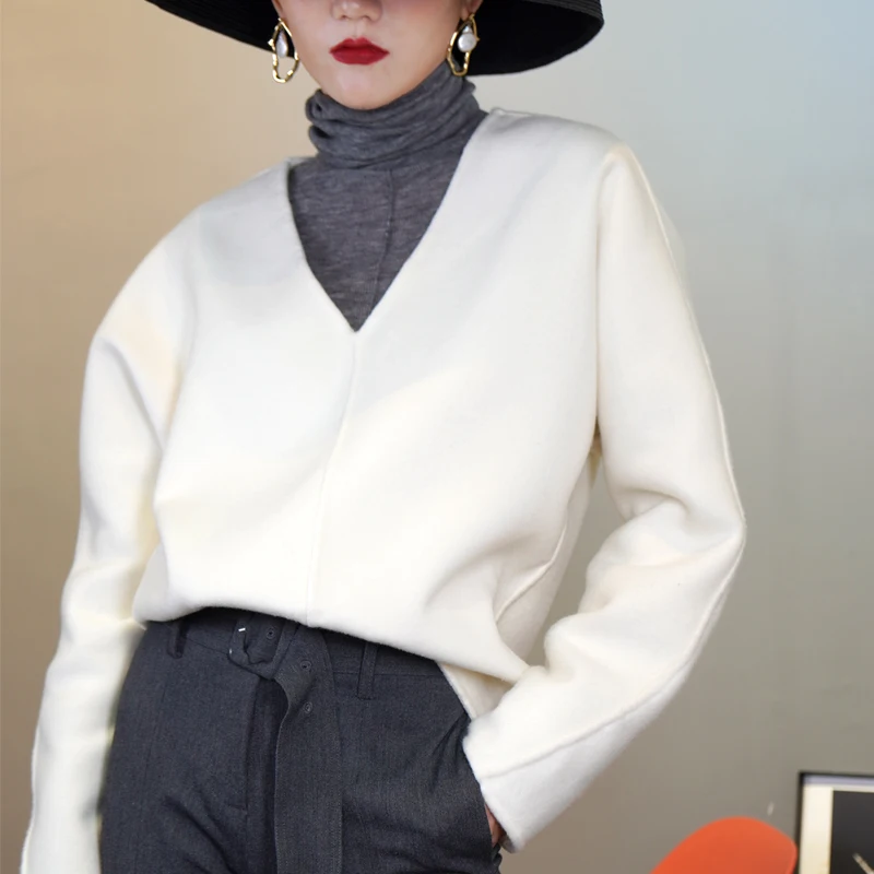 

Women Sweater Nordic V-neck Wool and Cashmere Double-faced Coat Normcore Minimalist Style Cashmere Sweater Women