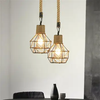 

1PC 220V Creative Iron Hemp Rope Pendant Light Vintage Cage Pendant Lamp Without Bulb For Cafe Restaurant Bar