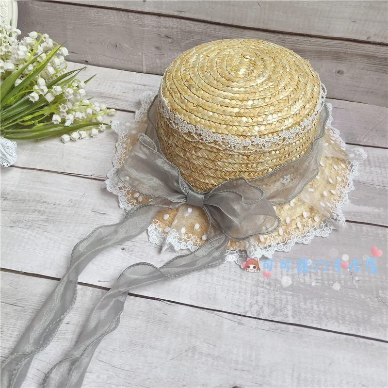 Light grey Летняя соломенная шляпа; японские туфли в стиле Лолиты для девочек; Красивая мягкая сестра милый бант тканевая, соломенная шляпа детский козырек - Цвет: Light grey