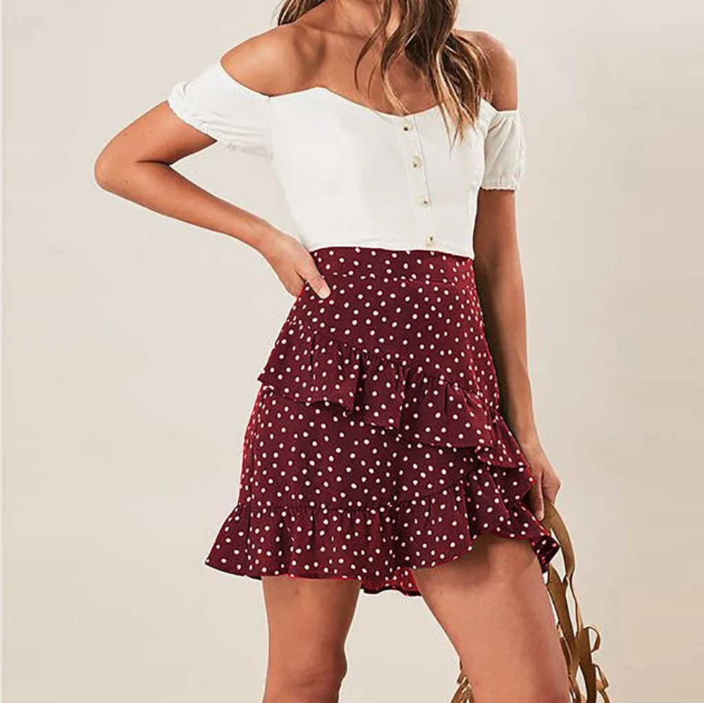 Women's Vintage Skirts Wave point Waist Printed Pleated Flared Gown Midi Skirts Women Summer Sexy Club Skirts#G3