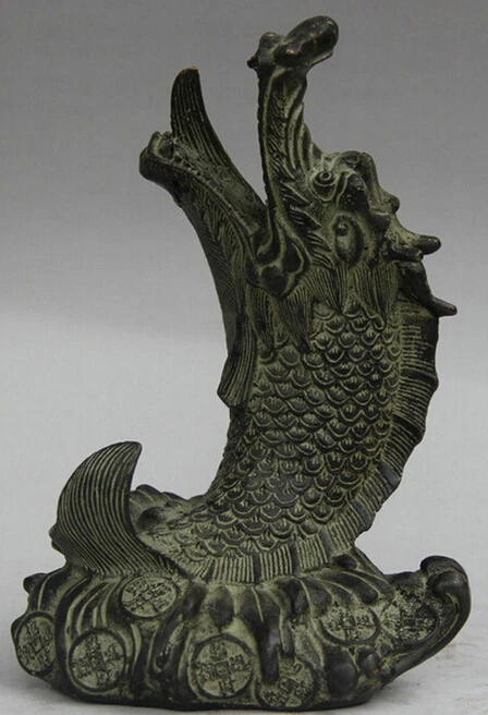 907+++ 6&quot Old Chinese Folk Bronze Dragon Fish Wealth Money Coin Animal Statue Sculpture | Дом и сад