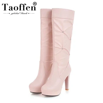 

Taoffen Women Knee High Winter Boots Platform Office Lady Slip On Crystal Long Boots Warm Fur Shoes Woman Footwear Size 34-43